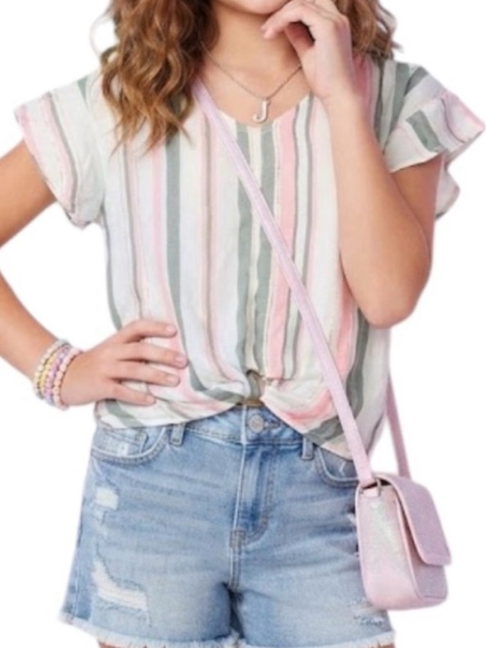 JUSTICE Sage Green & Pink Metallic Stripe Buckle Twist Front Blouse Girls 10Y